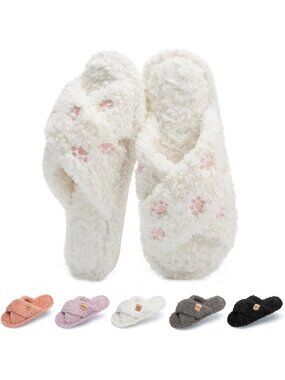 Women's Cat Paw Cozy Cross Band Indoor and Outdoor Fuzzy Open Toe Slipper Shoes
